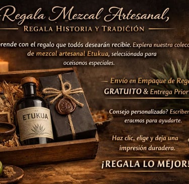 Tres botellas de mezcal artesanal Etukua de diferentes variedades (Espadín, Tobalá, Cupreata) alinea