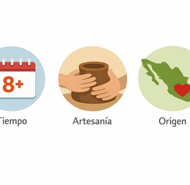Infografía que muestra iconos de un calendario (tiempo), unas manos (artesanía) y un mapa (origen) a