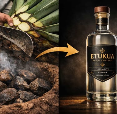Imagen conceptual que contrasta el proceso artesanal de Etukua (maguey, horno de tierra) con una bot