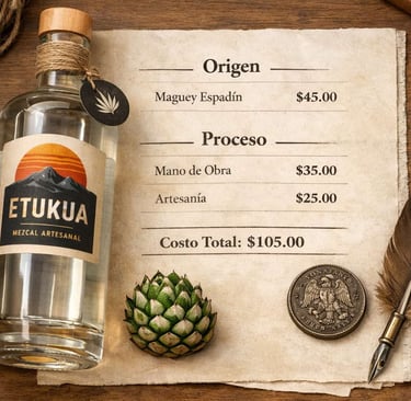  Imagen que representa honestidad: una botella de Etukua sobre un documento que muestra una lista de