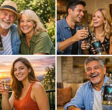 Collage de fotos de clientes sonrientes sosteniendo sus botellas de mezcal Etukua en diferentes ento