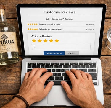 Manos tecleando una reseña positiva en una laptop, con una botella de mezcal Etukua y una copa vacía