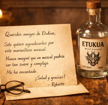 Una carta manuscrita de agradecimiento por el mezcal Etukua, junto a la botella y sobre una mesa de 