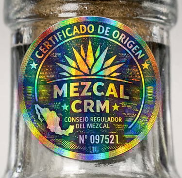 Close-up nítido del sello holográfico oficial de certificación de origen del Consejo Regulador del M