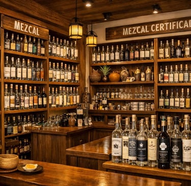 Fotografía del interior de una vinoteca o tienda especializada con botellas de mezcal bien exhibidas