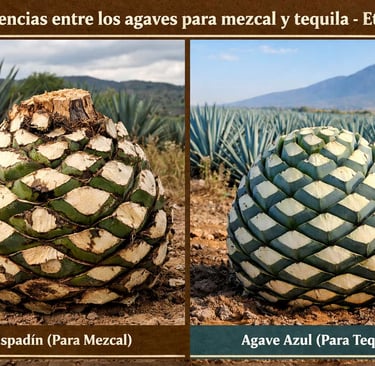 Comparación visual entre una piña de agave espadín (para mezcal) y una de agave azul (para tequila).