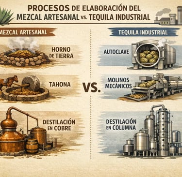 Infografía comparativa mostrando el proceso artesanal del mezcal (horno de tierra) vs. el proceso in