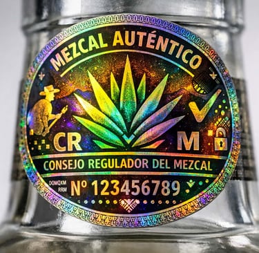 Primer plano detallado del sello holográfico oficial del Consejo Regulador del Mezcal en una botella