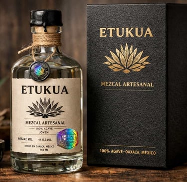 Botella de mezcal artesanal con empaque premium, etiqueta detallada y sello de calidad visible.