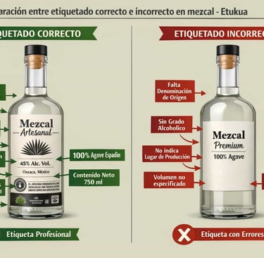 Infografía comparativa mostrando etiqueta profesional vs. etiqueta con errores en botellas de mezcal