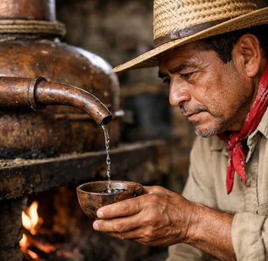 Maestro mezcalero revisando el flujo del líquido durante la destilación en alambique tradicional.