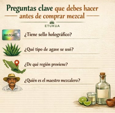 Lista visual de preguntas importantes al evaluar una recomendación de mezcal.