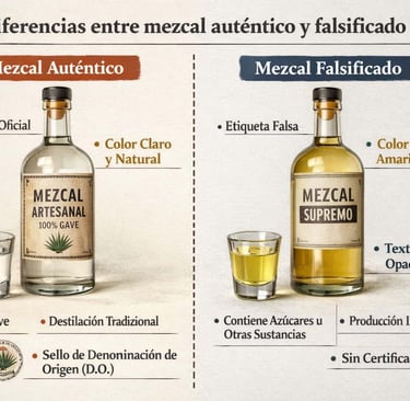 Comparación visual entre mezcal auténtico y producto adulterado