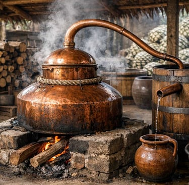 Destilación tradicional de mezcal en alambique de cobre, mostrando proceso artesanal y seguro.