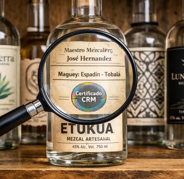 Colección de botellas de mezcal artesanal de marcas emergentes, con una lupa sobre la etiqueta de Et