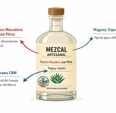 Infografía que señala con flechas los elementos clave en una etiqueta de mezcal: maestro mezcalero, 