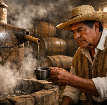 Maestro mezcalero revisando un lote pequeño de mezcal en una destilería tradicional, con barricas de