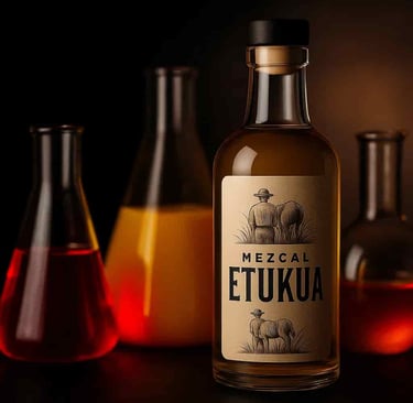 Frascos de laboratorio con líquidos coloridos representando aditivos químicos modernos para adultera