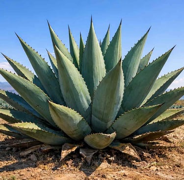 Planta de agave maduro en campo abierto, bajo el sol, mostrando sus hojas gruesas y pencas.
