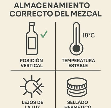 Infografía que muestra los 4 pasos para almacenar mezcal: 1. Botella vertical, 2. Icono de termómetr