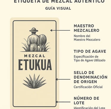 Infografía desglosando elementos de etiqueta auténtica de mezcal con maestros mezcaleros y sellos of