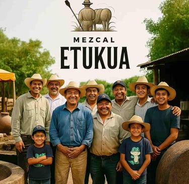 Grupo de maestros mezcaleros sonriendo en un palenque, mostrando orgullo por su trabajo.