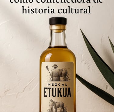 Botella artesanal de mezcal con etiqueta detallando origen y métodos tradicionales
