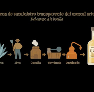 Infografía que muestra la secuencia completa de producción de mezcal: agave, jima, cocción, molienda
