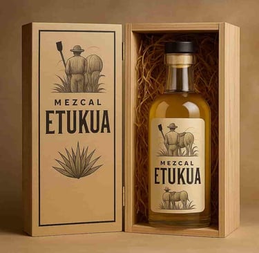 Caja de regalo de madera o cartón rústico elegante con la botella de mezcal Etukua en su interior, l
