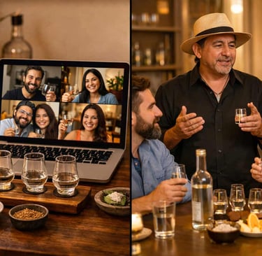 ollage que muestra a la izquierda una cata online en una laptop con personas sonrientes en videollam