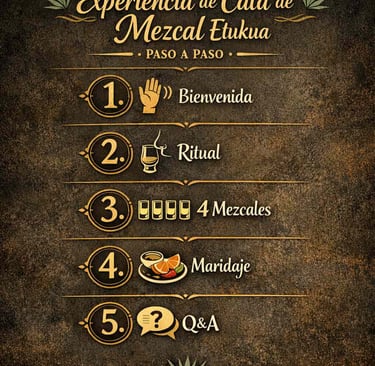nfografía vertical que muestra los 5 pasos de una cata Etukua con iconos: 1. Bienvenida, 2. Ritual, 