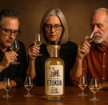 Catadores expertos evaluando características de mezcal artesanal en sesión profesional