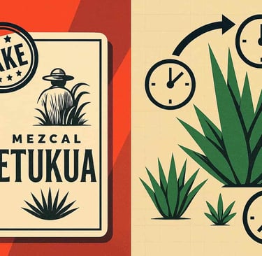  Etiquetas falsas de certificación junto a agaves de crecimiento artificialmente acelerado