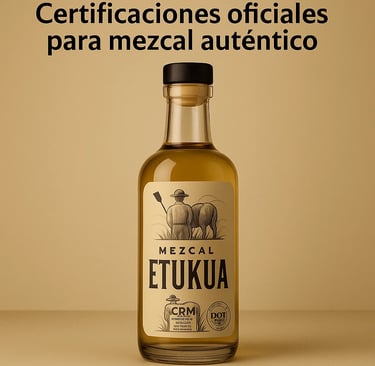 Sellos CRM y DOT en etiqueta de mezcal artesanal transparente
