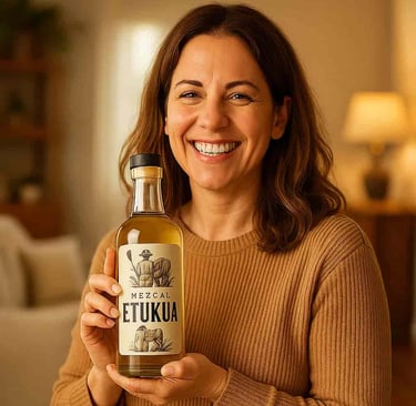 Mujer sonriente sosteniendo con cuidado una botella de mezcal Etukua en su hogar.