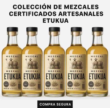  Diferentes botellas de mezcal artesanal Etukua alineadas, mostrando sus etiquetas y certificaciones