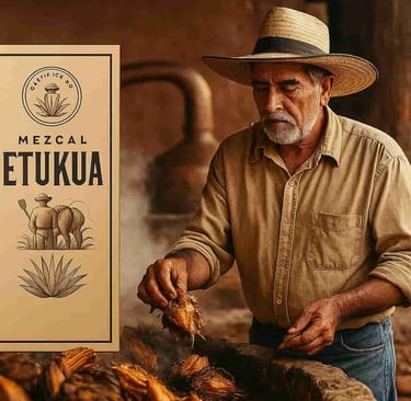 Maestro mezcalero en el palenque de Etukua, supervisando el proceso ancestral de elaboración 