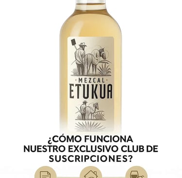 Infografía simple con iconos que muestran los pasos: 1. Elige tu plan, 2. Recibe tu mezcal, 3. Disfr