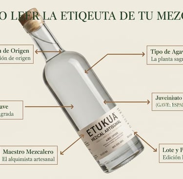 Primer plano detallado de la etiqueta de una botella de mezcal Etukua, con flechas y textos explican