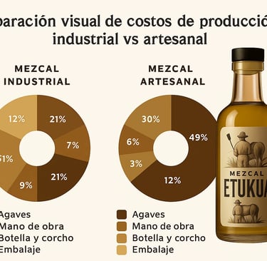 Infografía comparando distribución de costos en mezcal industrial y artesanal