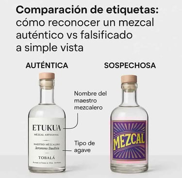 Diferencias entre etiqueta de mezcal auténtico con información completa y etiqueta genérica con dato