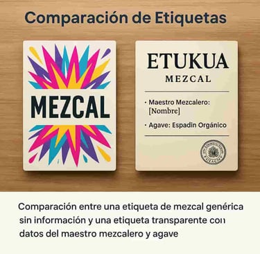 Diferencias entre una etiqueta de mezcal sin información y la etiqueta detallada de Etukua 