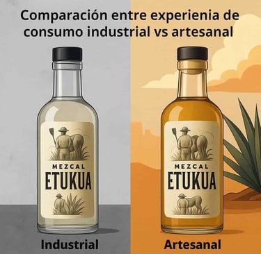 Diferencias visuales entre consumo de mezcal industrial y experiencia artesanal premium