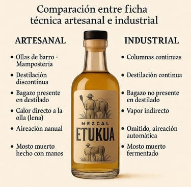Side-by-side comparando fichas técnicas de mezcal artesanal vs industrial