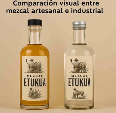  Dos botellas de mezcal side by side mostrando diferencias en color y etiquetado
