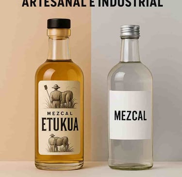 Dos botellas de mezcal mostrando diferencias en etiquetado y transparencia