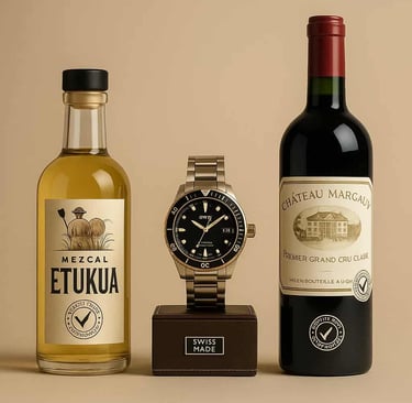 Comparación visual entre mezcal Etukua, reloj suizo y vino premium como ejemplos de autenticidad en 