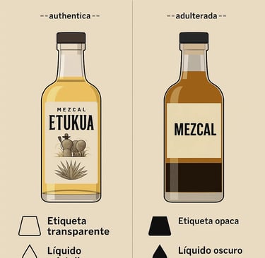 Infografía comparativa mostrando diferencias entre marcas de mezcal auténticas y adulteradas