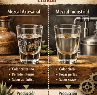 Dos copas con mezcal, una artesanal y otra industrial, mostrando diferencias de color y textura
