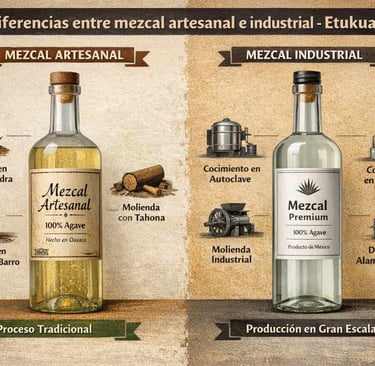 Comparación visual entre botellas de mezcal artesanal e industrial, mostrando diferencias en color, 